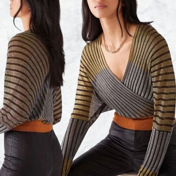 Free People Pluto Faux Wrap Deep V-Neck Long Sleeve Boho Blouse - Picture 1 of 10